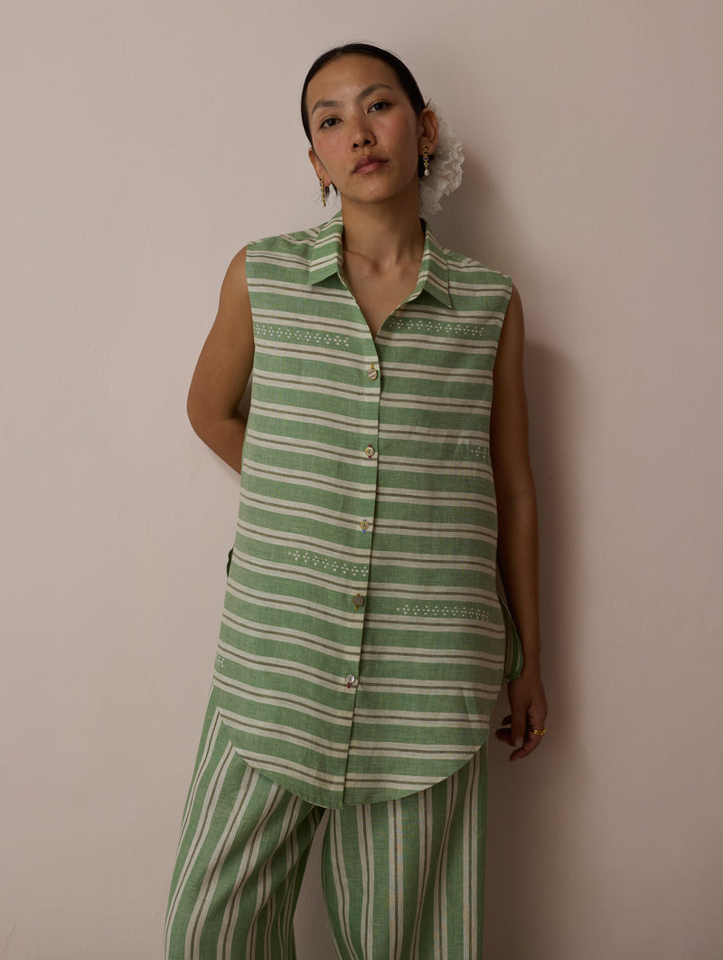 Ello Sleeveless Block-Printed Linen Shirt-Fern linen top/shirt by Manan in green for women in Singapore