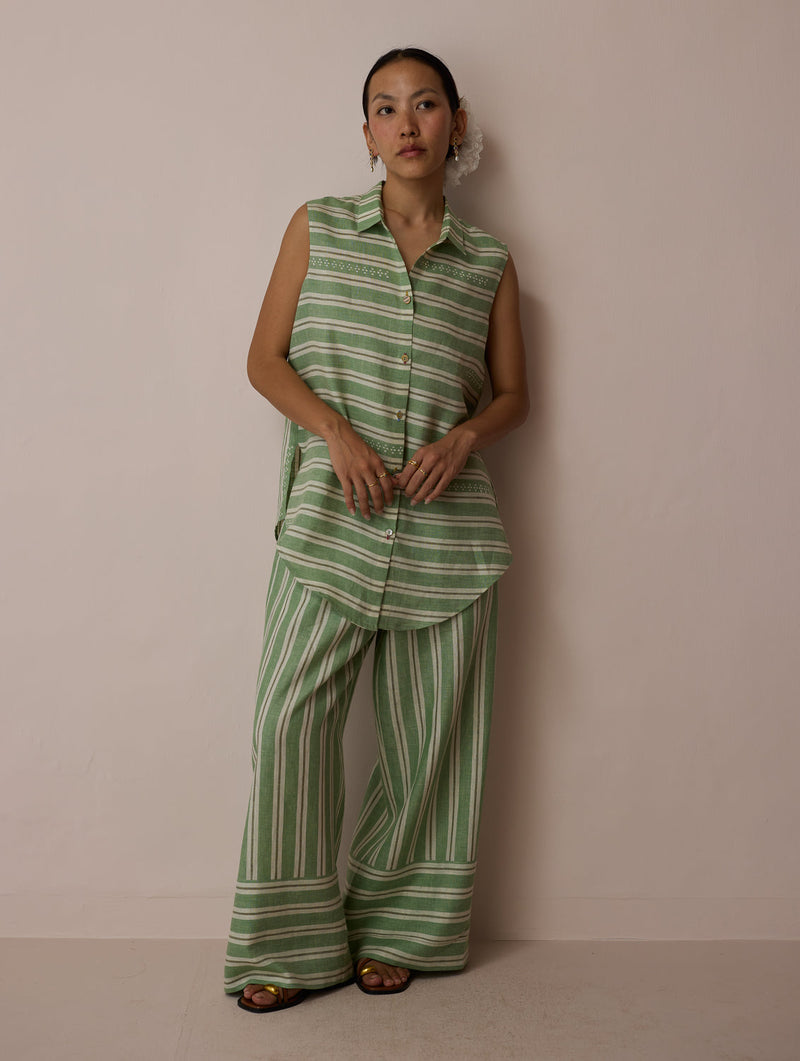 Ello Sleeveless Block-Printed Linen Shirt-Fern linen top/shirt by Manan in green for women in Singapore