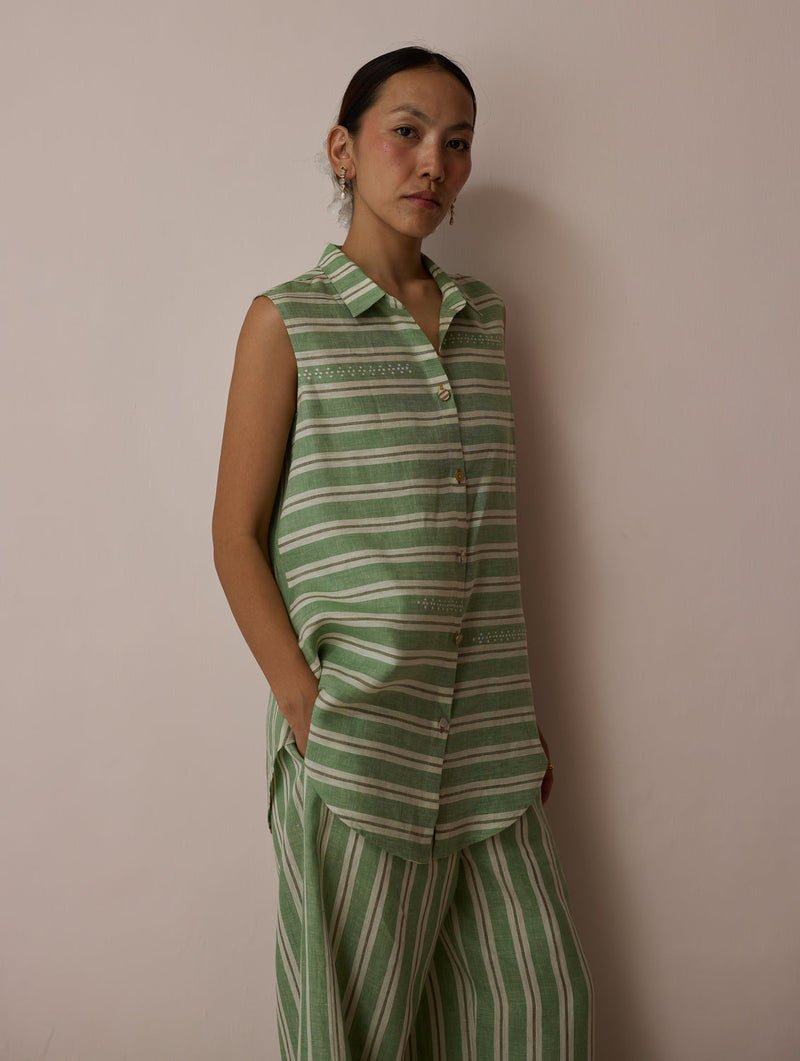 Ello Sleeveless Block-Printed Linen Shirt-Fern linen top/shirt by Manan in green for women in Singapore
