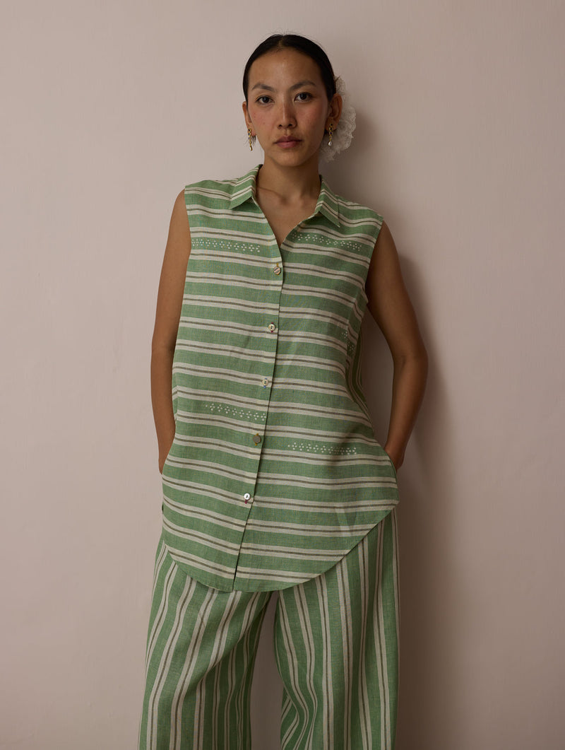 Ello Sleeveless Block-Printed Linen Shirt-Fern linen top/shirt by Manan in green for women in Singapore