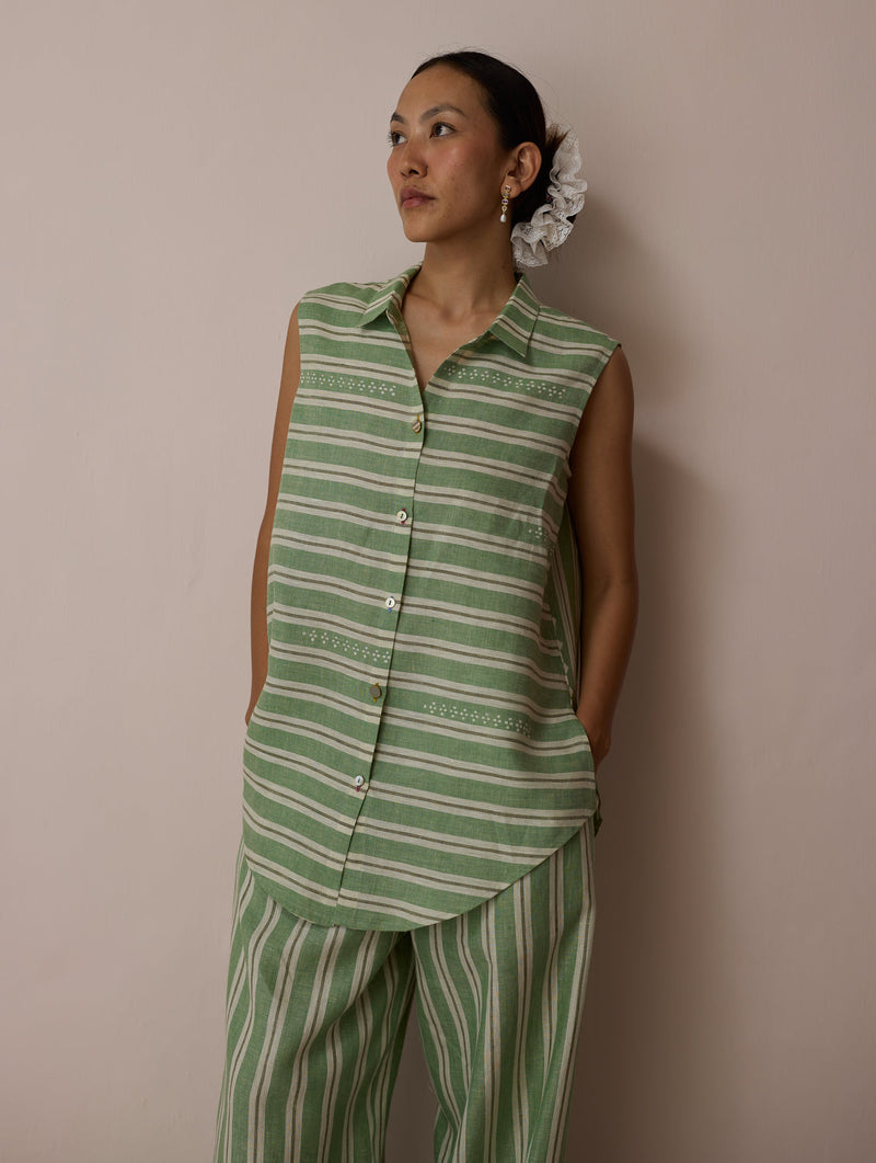 Ello Sleeveless Block-Printed Linen Shirt-Fern linen top/shirt by Manan in green for women in Singapore