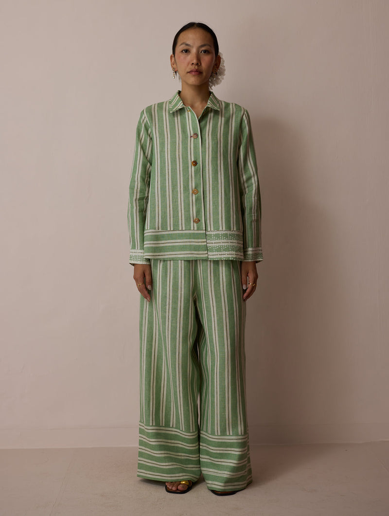 Erra Block-Printed Linen Co-ord-Fern linen co-ord set by Manan in green for women in Singapore