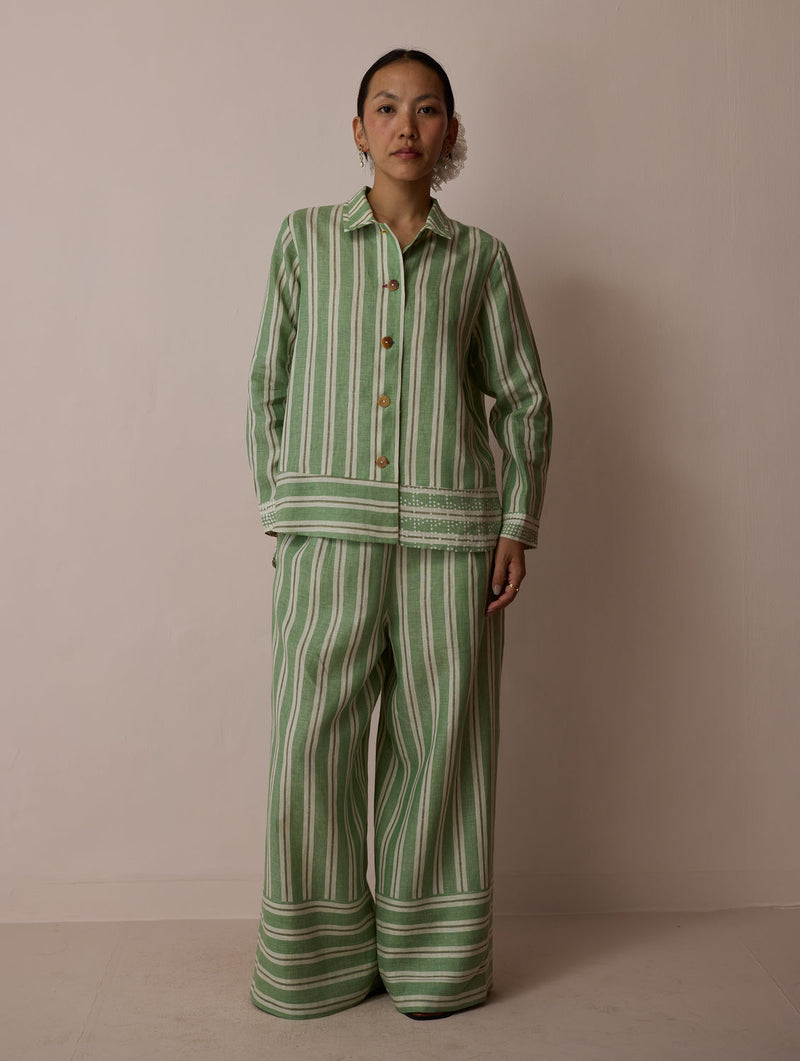 Erra Block-Printed Linen Co-ord-Fern linen co-ord set by Manan in green for women in Singapore