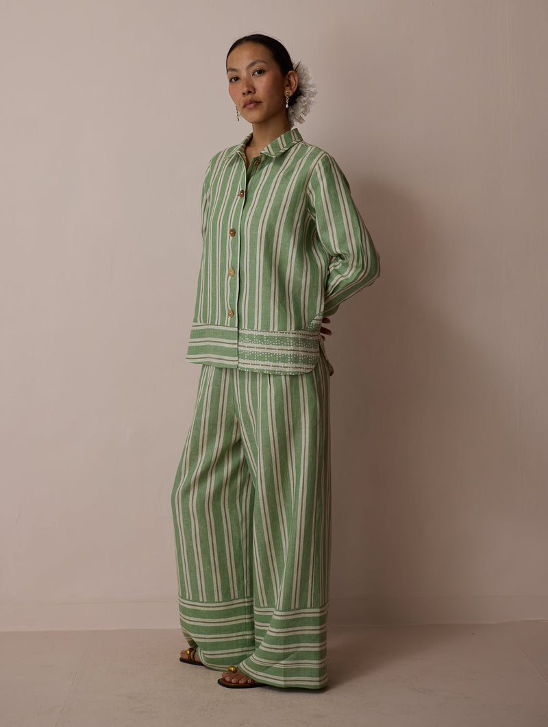 Erra Block-Printed Linen Co-ord-Fern linen co-ord set by Manan in green for women in Singapore