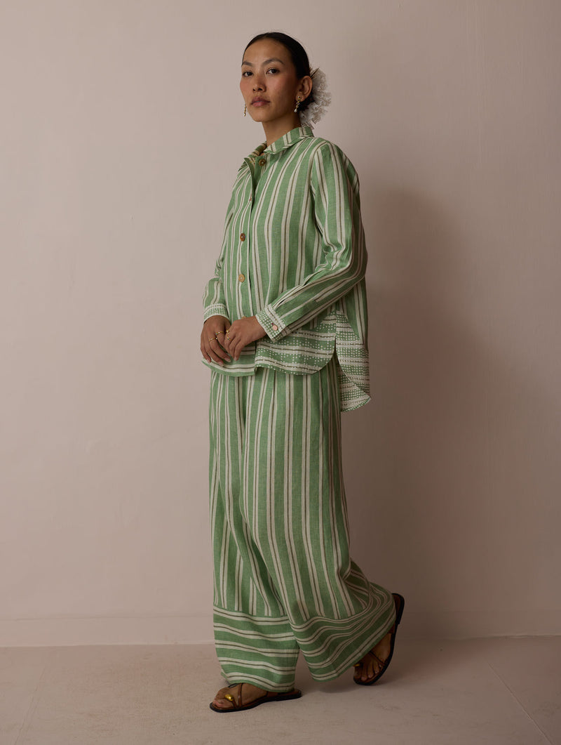 Erra Block-Printed Linen Co-ord-Fern linen co-ord set by Manan in green for women in Singapore