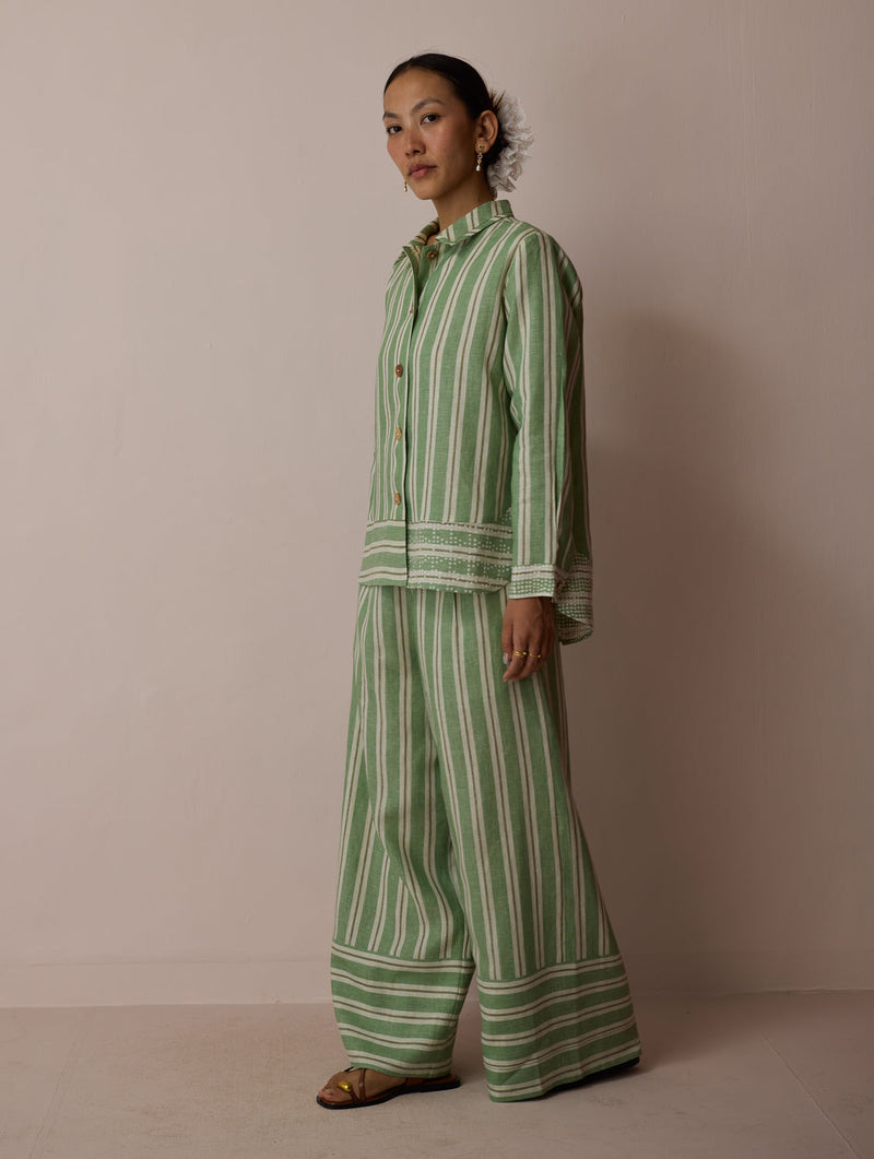 Erra Block-Printed Linen Co-ord-Fern linen co-ord set by Manan in green for women in Singapore