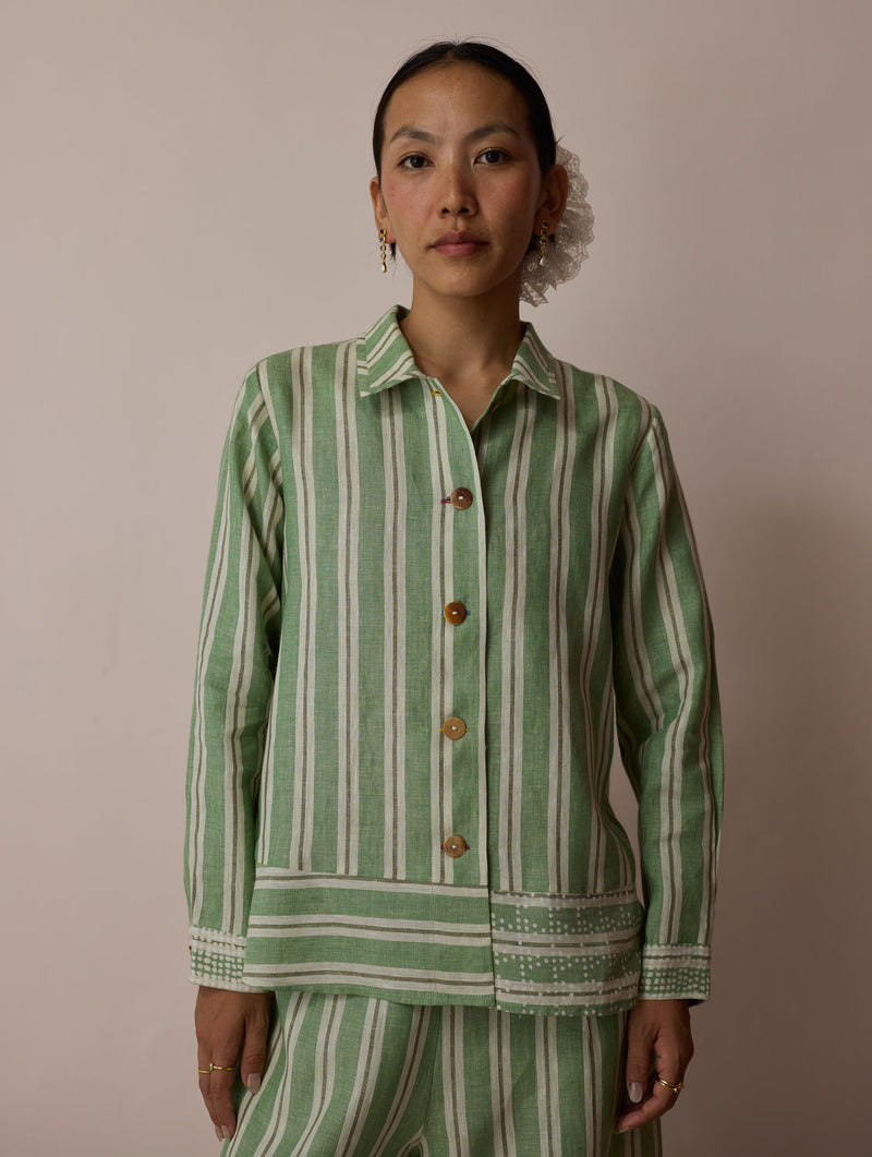 Erra Block-Printed Stripe Linen Shirt-Fern linen top/shirt by Manan in green for women in Singapore