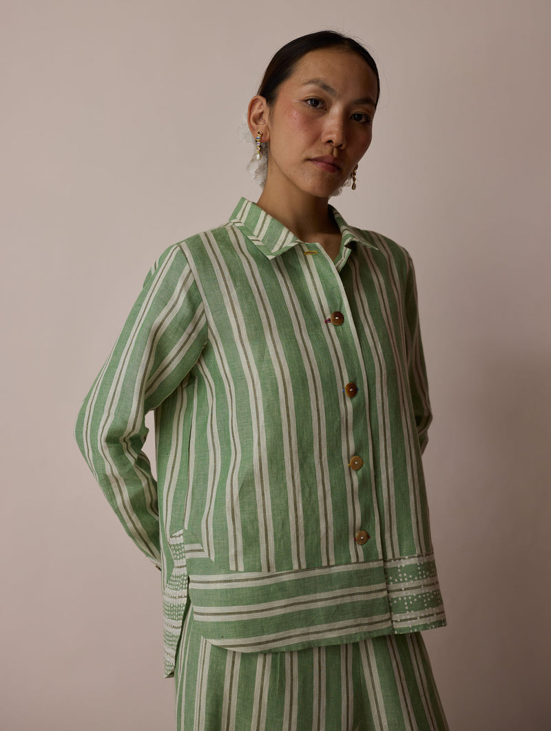Erra Block-Printed Stripe Linen Shirt-Fern linen top/shirt by Manan in green for women in Singapore