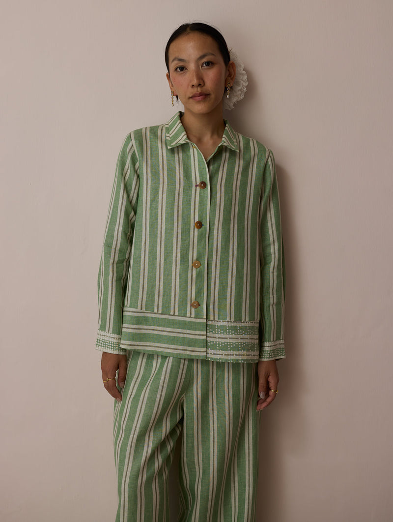 Erra Block-Printed Linen Co-ord-Fern linen co-ord set by Manan in green for women in Singapore