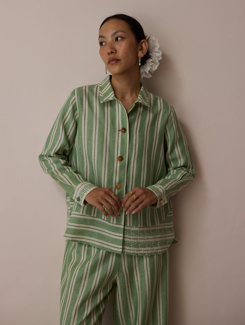 Erra Block-Printed Stripe Linen Shirt-Fern linen top/shirt by Manan in green for women in Singapore