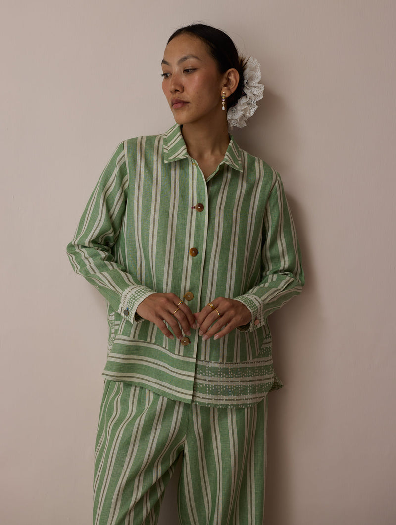 Erra Block-Printed Stripe Linen Shirt-Fern linen top/shirt by Manan in green for women in Singapore