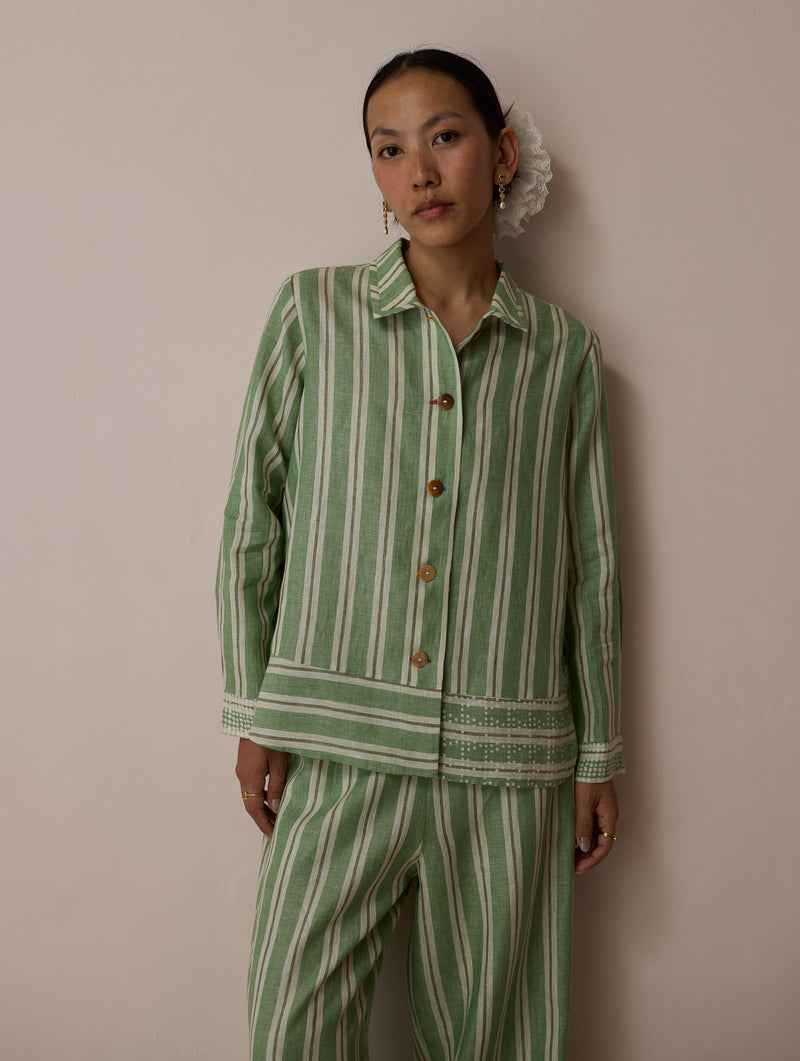 Erra Block-Printed Stripe Linen Shirt-Fern linen top/shirt by Manan in green for women in Singapore