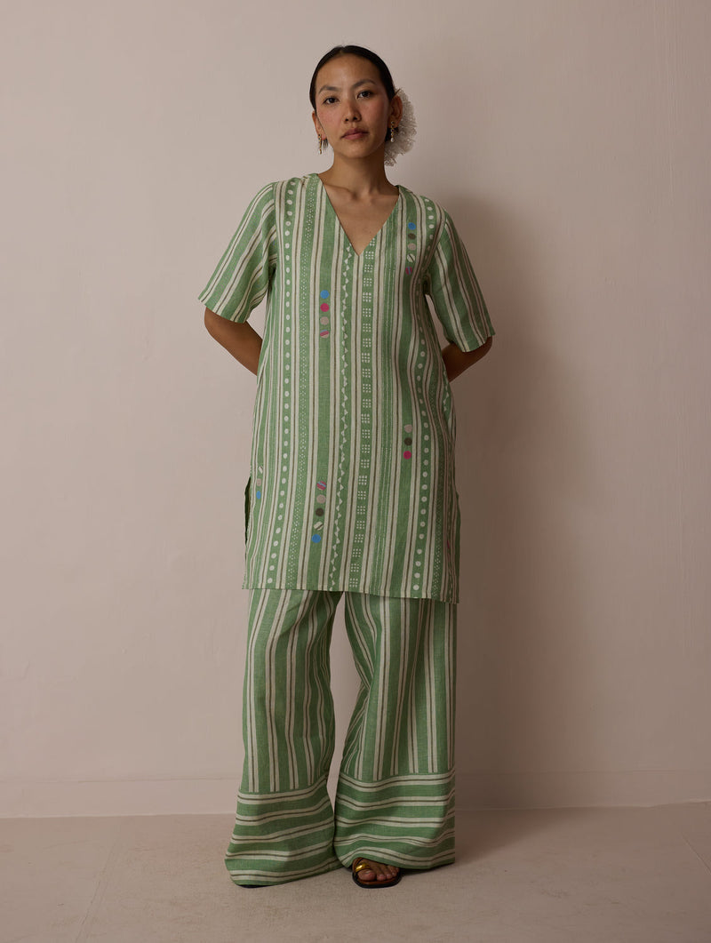 Selle Linen Applique Kurta Set-Fern linen co-ord set by Manan in green for women in Singapore