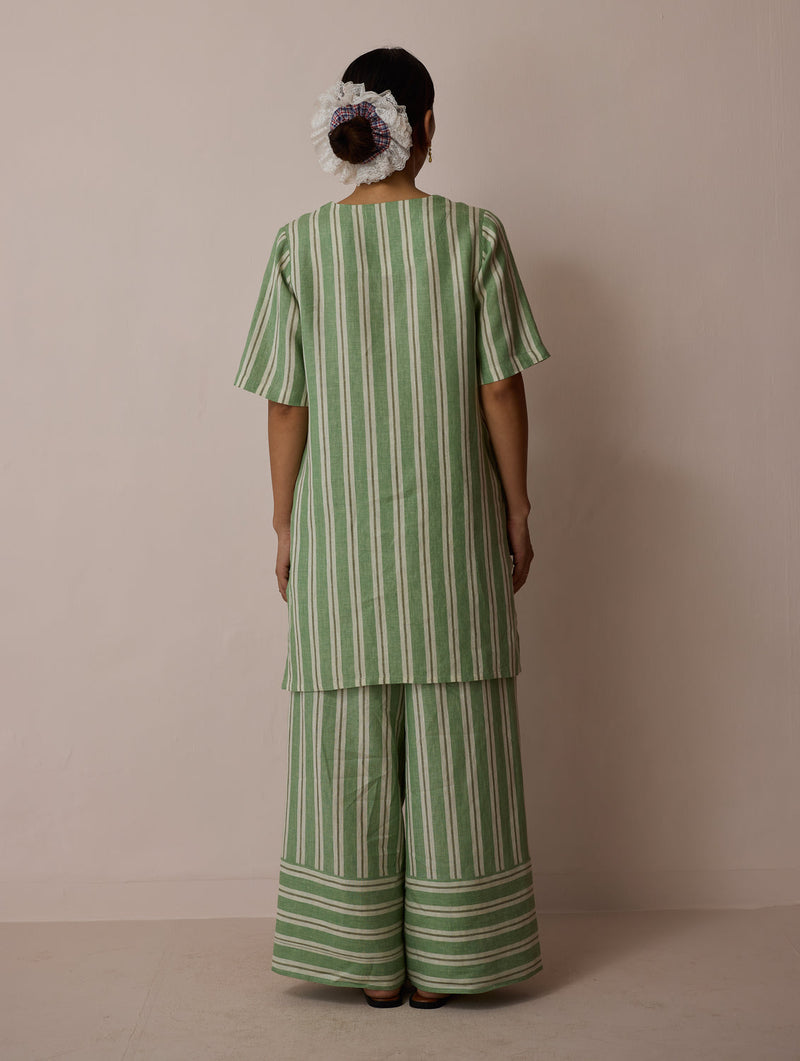 Selle Linen Applique Kurta Set-Fern linen co-ord set by Manan in green for women in Singapore