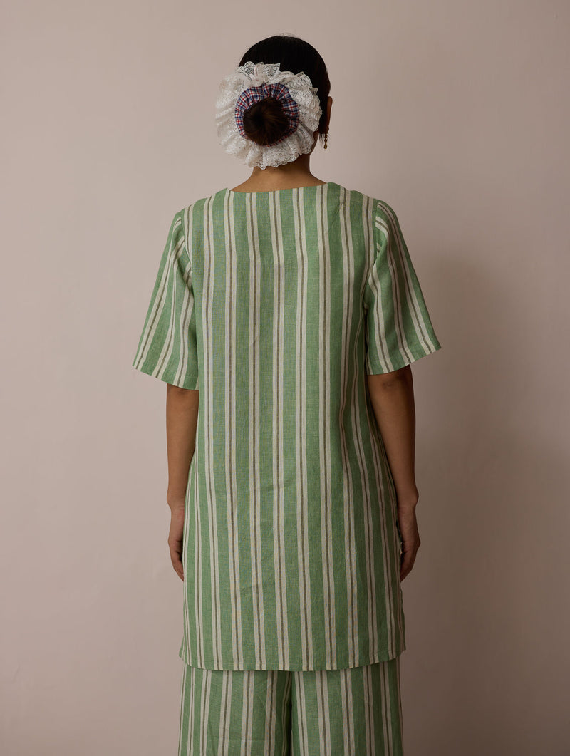 Selle Linen Stripe Applique Kurta-Fern linen tunics/kaftan by Manan in green for women in Singapore