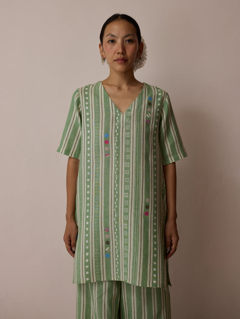 Selle Linen Applique Kurta Set-Fern linen co-ord set by Manan in green for women in Singapore