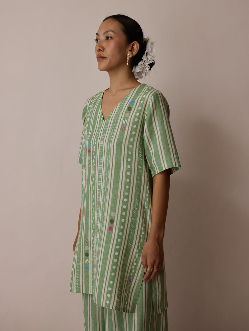 Selle Linen Stripe Applique Kurta-Fern linen tunics/kaftan by Manan in green for women in Singapore