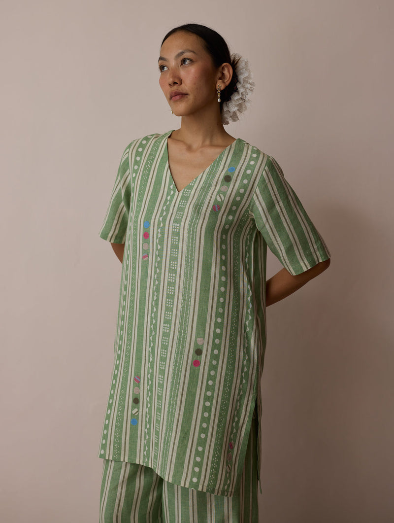 Selle Linen Stripe Applique Kurta-Fern linen tunics/kaftan by Manan in green for women in Singapore