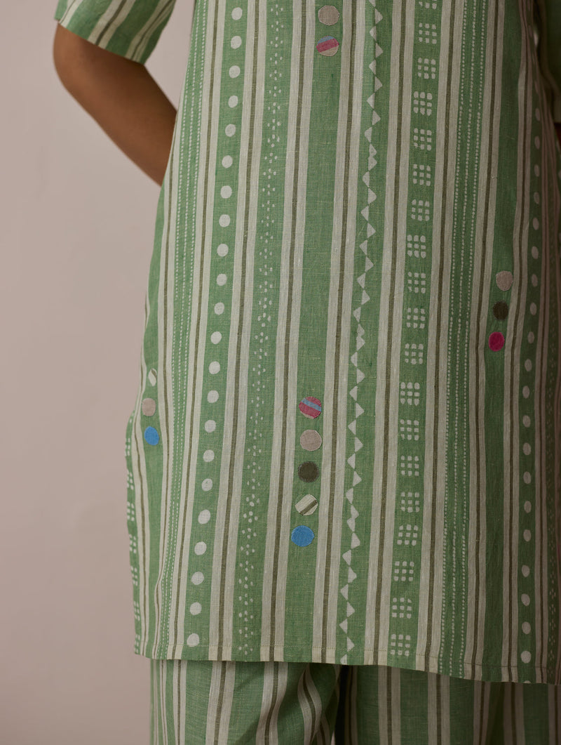 Selle Linen Applique Kurta Set-Fern linen co-ord set by Manan in green for women in Singapore