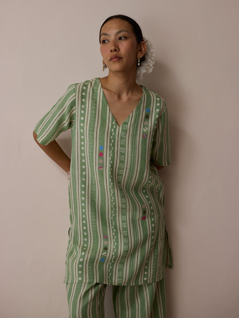 Selle Linen Stripe Applique Kurta-Fern linen tunics/kaftan by Manan in green for women in Singapore