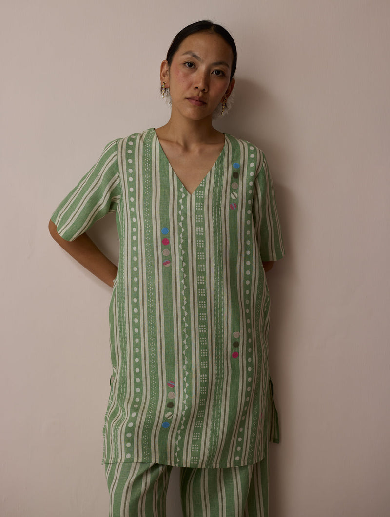 Selle Linen Stripe Applique Kurta-Fern linen tunics/kaftan by Manan in green for women in Singapore