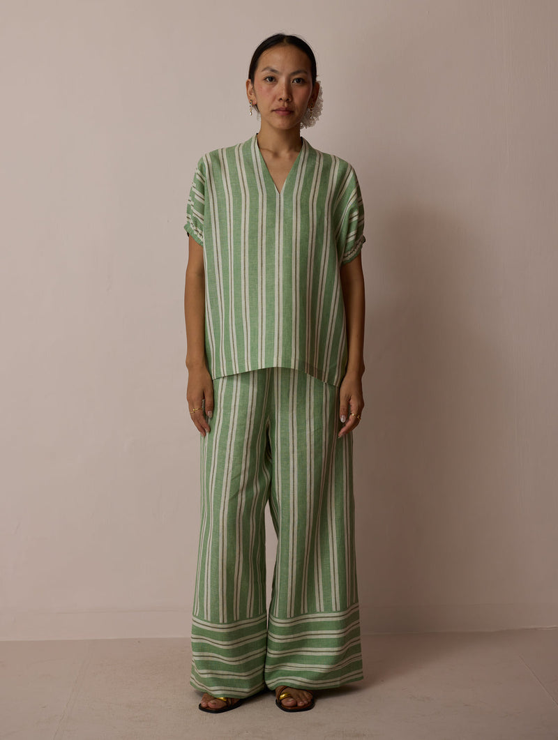 Anne V-Neck Stripe Linen Top-Fern linen top/shirt by Manan in green for women in Singapore