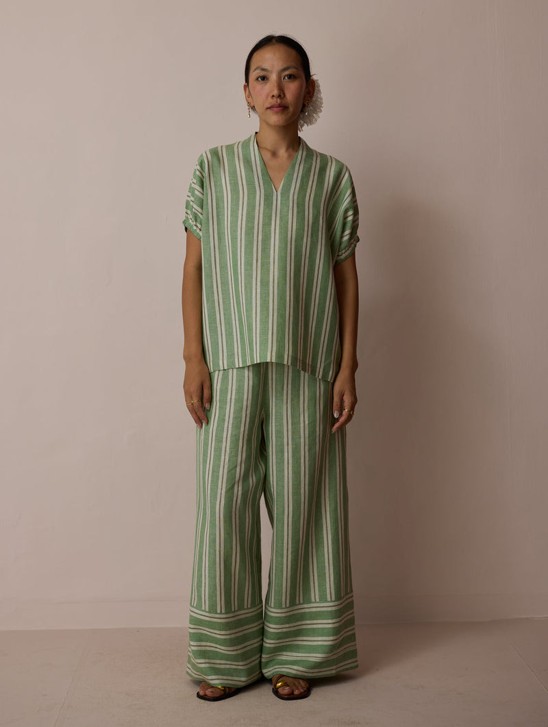 Anne V-Neck Stripe Linen Co-ord-Fern linen co-ord set by Manan in green for women in Singapore