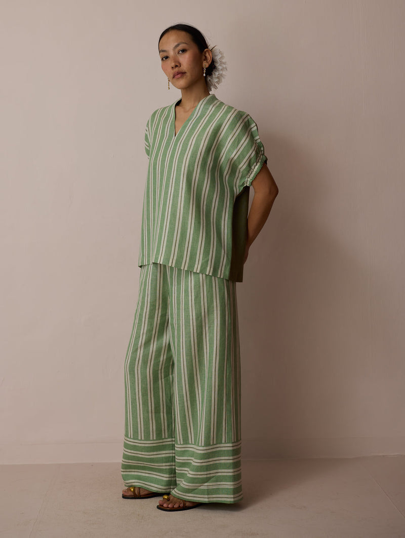 Anne V-Neck Stripe Linen Co-ord-Fern linen co-ord set by Manan in green for women in Singapore