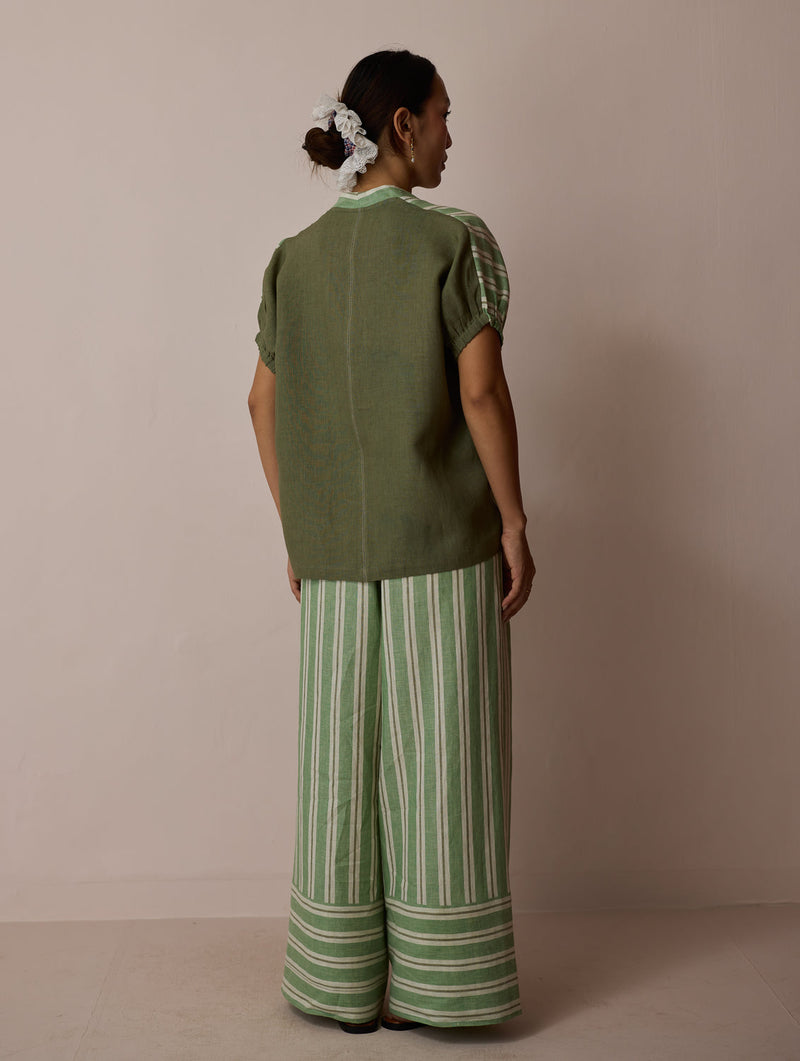 Anne V-Neck Stripe Linen Co-ord-Fern linen co-ord set by Manan in green for women in Singapore