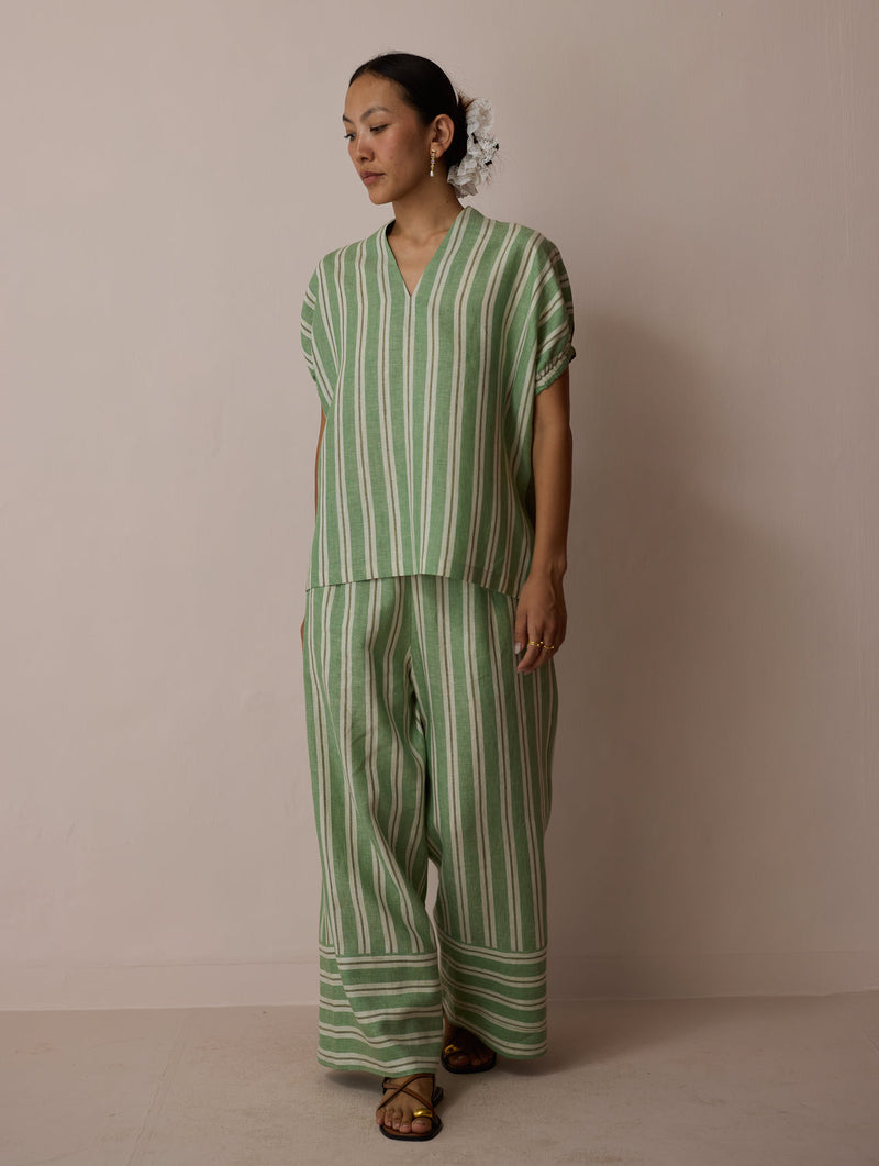 Anne V-Neck Stripe Linen Co-ord-Fern linen co-ord set by Manan in green for women in Singapore
