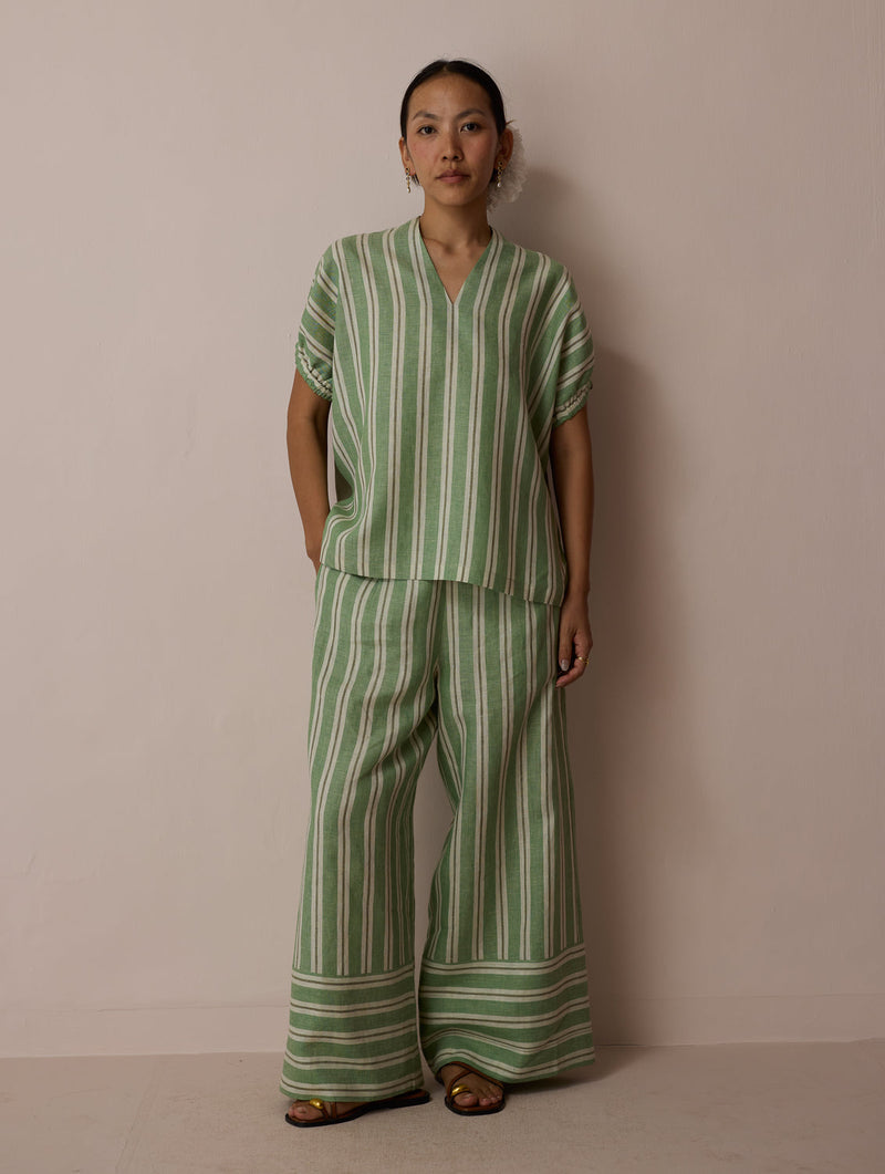 Anne V-Neck Stripe Linen Co-ord-Fern linen co-ord set by Manan in green for women in Singapore