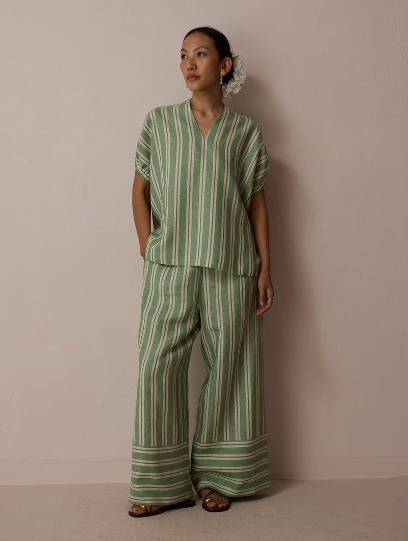 Anne V-Neck Stripe Linen Co-ord-Fern linen co-ord set by Manan in green for women in Singapore