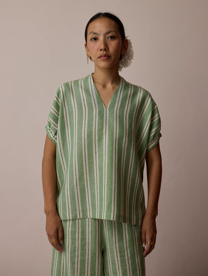 Anne V-Neck Stripe Linen Co-ord-Fern linen co-ord set by Manan in green for women in Singapore