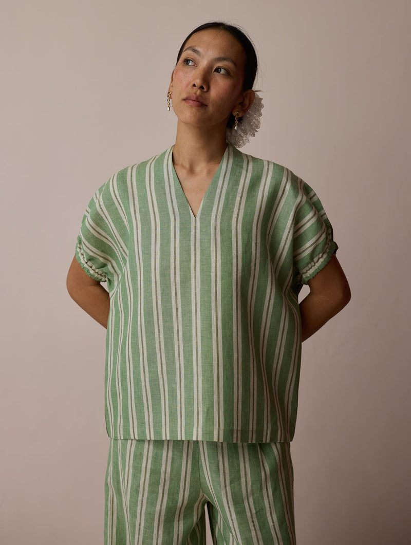 Anne V-Neck Stripe Linen Top-Fern linen top/shirt by Manan in green for women in Singapore