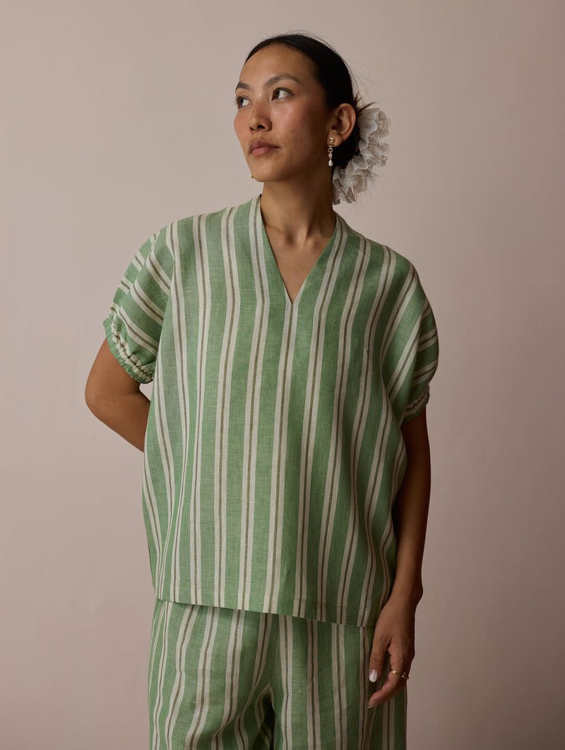 Anne V-Neck Stripe Linen Top-Fern linen top/shirt by Manan in green for women in Singapore