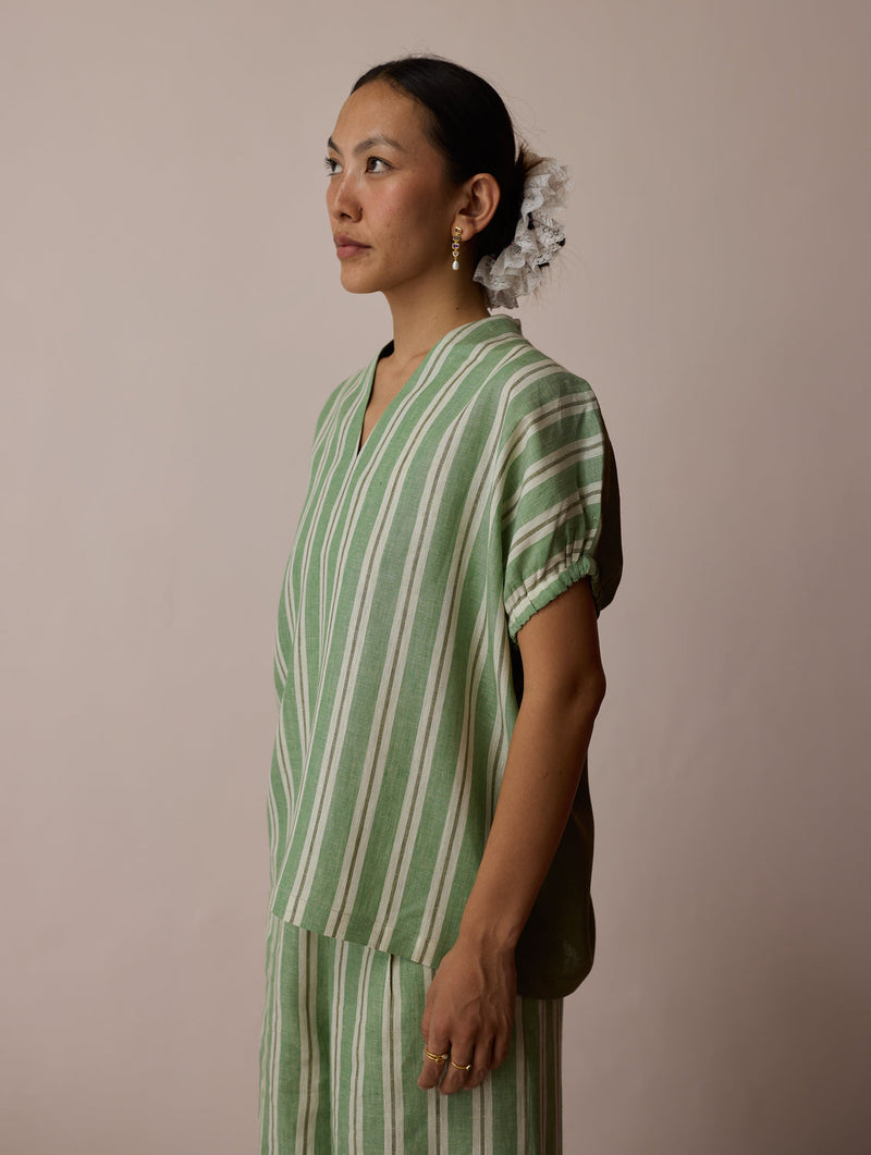 Anne V-Neck Stripe Linen Top-Fern linen top/shirt by Manan in green for women in Singapore