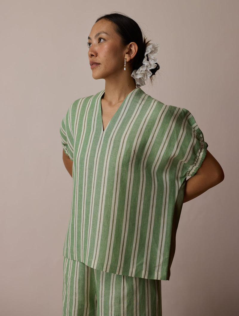 Anne V-Neck Stripe Linen Top-Fern linen top/shirt by Manan in green for women in Singapore