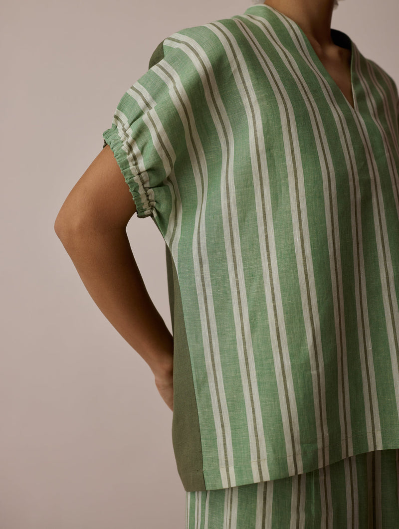 Anne V-Neck Stripe Linen Top-Fern linen top/shirt by Manan in green for women in Singapore