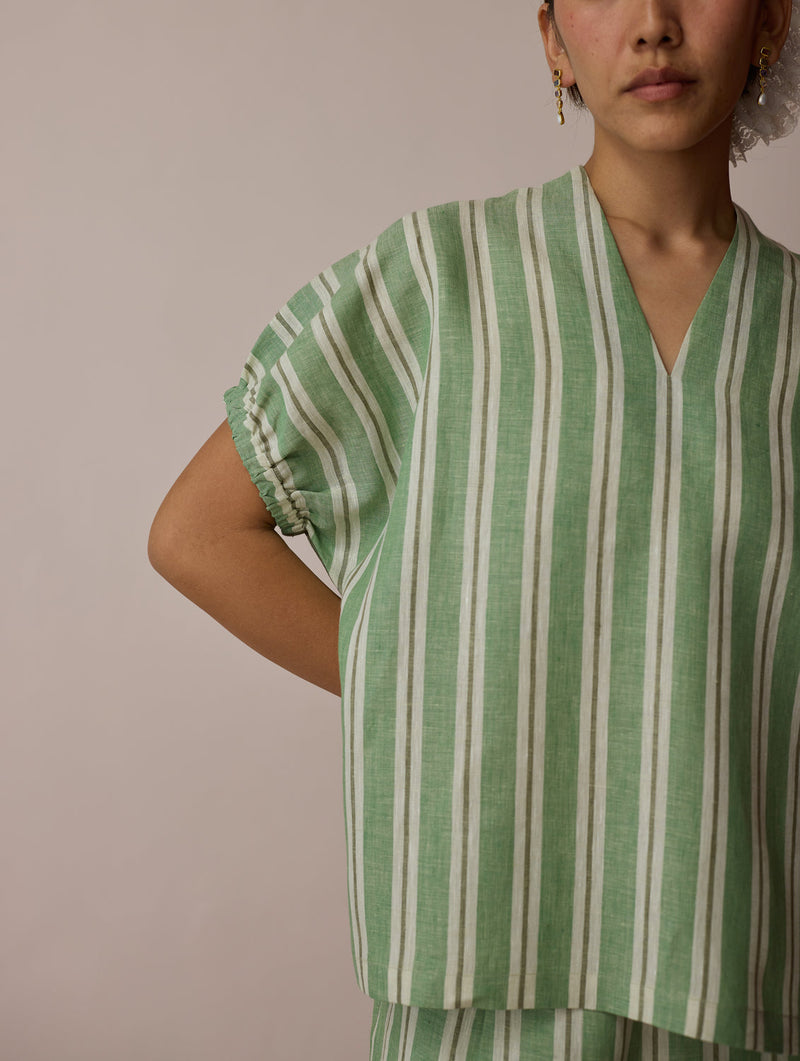 Anne V-Neck Stripe Linen Co-ord-Fern linen co-ord set by Manan in green for women in Singapore