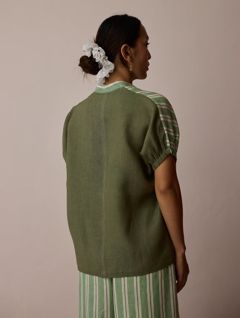Anne V-Neck Stripe Linen Co-ord-Fern linen co-ord set by Manan in green for women in Singapore