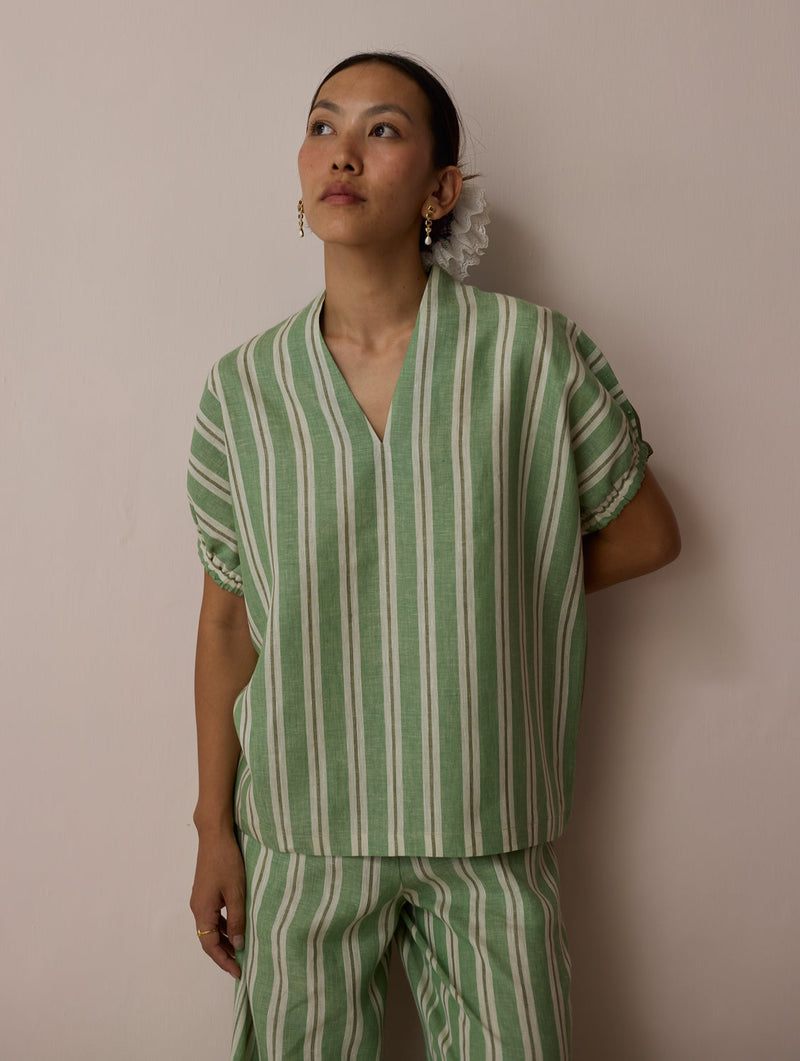 Anne V-Neck Stripe Linen Top-Fern linen top/shirt by Manan in green for women in Singapore