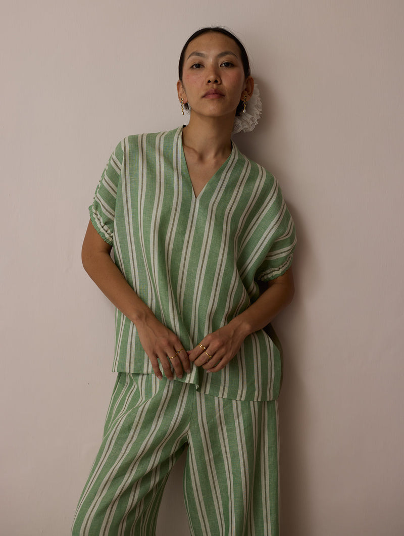 Anne V-Neck Stripe Linen Top-Fern linen top/shirt by Manan in green for women in Singapore