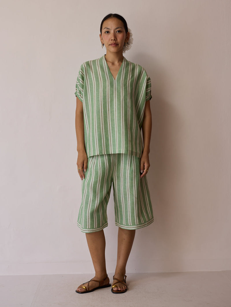 Ena Stripe Linen Jorts-Fern linen short by Manan in green for women in Singapore