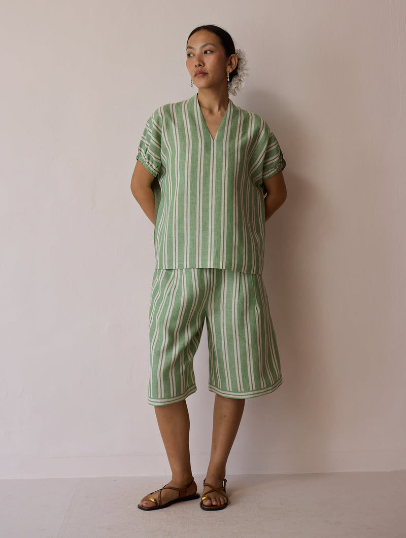Ena Stripe Linen Jorts-Fern linen short by Manan in green for women in Singapore