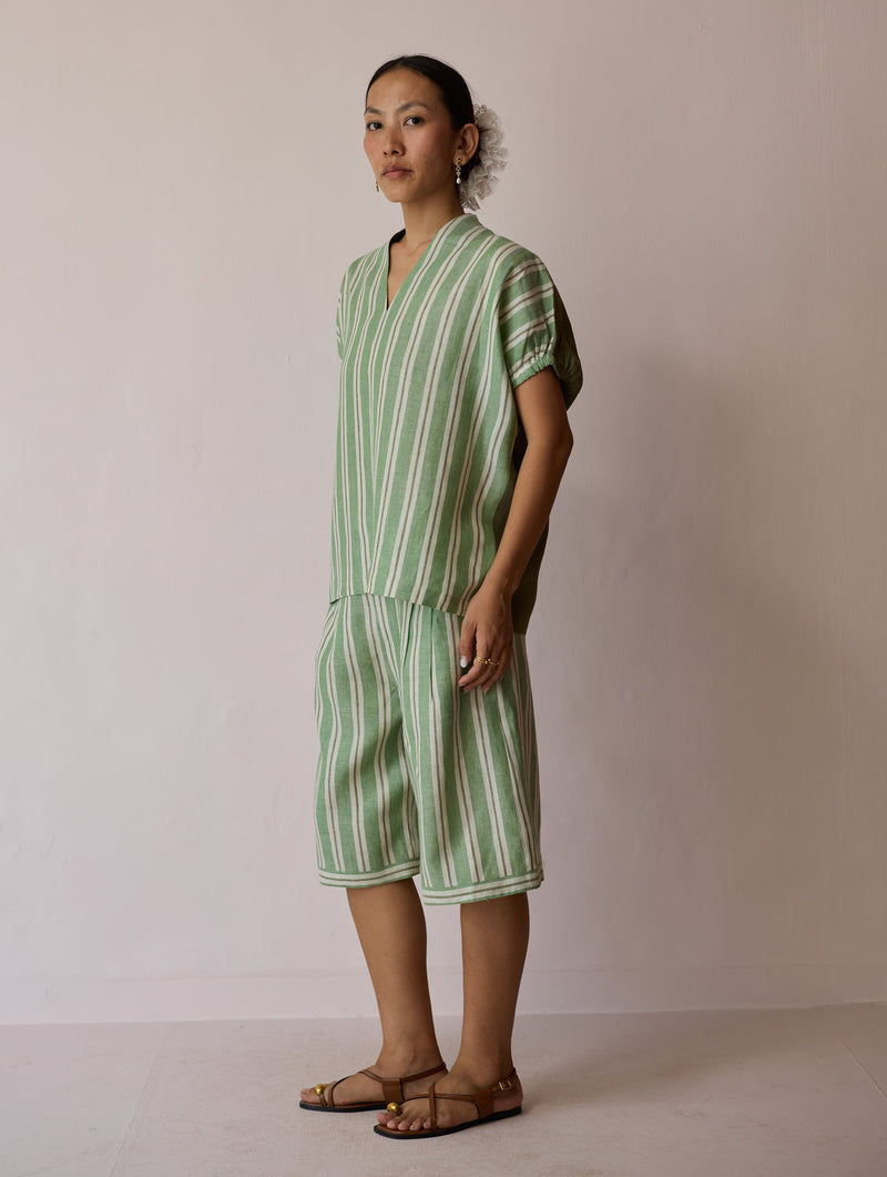 Ena Stripe Linen Jorts-Fern linen short by Manan in green for women in Singapore