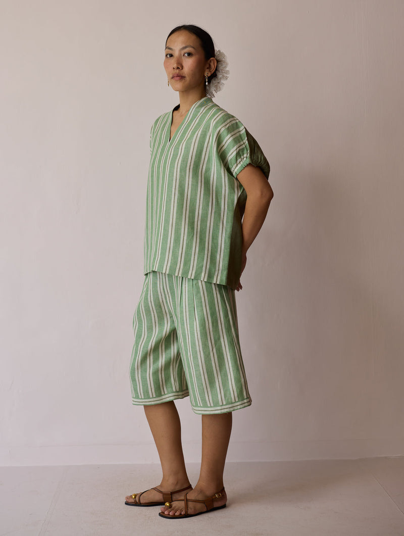 Ena Stripe Linen Jorts-Fern linen short by Manan in green for women in Singapore
