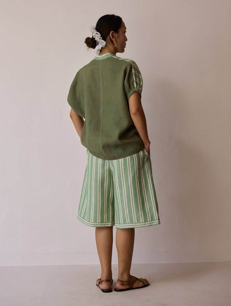 Ena Stripe Linen Jorts-Fern linen short by Manan in green for women in Singapore