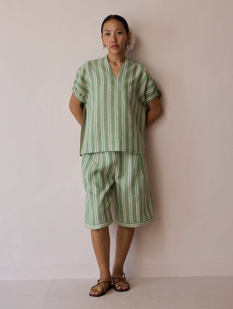 Ena Stripe Linen Jorts-Fern linen short by Manan in green for women in Singapore