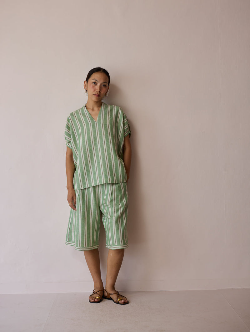 Ena Stripe Linen Jorts-Fern linen short by Manan in green for women in Singapore