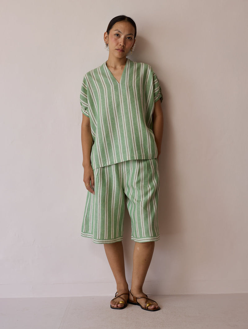 Ena Stripe Linen Jorts-Fern linen short by Manan in green for women in Singapore
